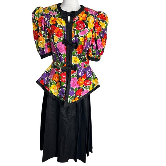 VTG 80s Antara Floral Puff Sleeve Peplum Dress Black Skirt Bow Trim Bold 13/14 - Picture 1 of 13